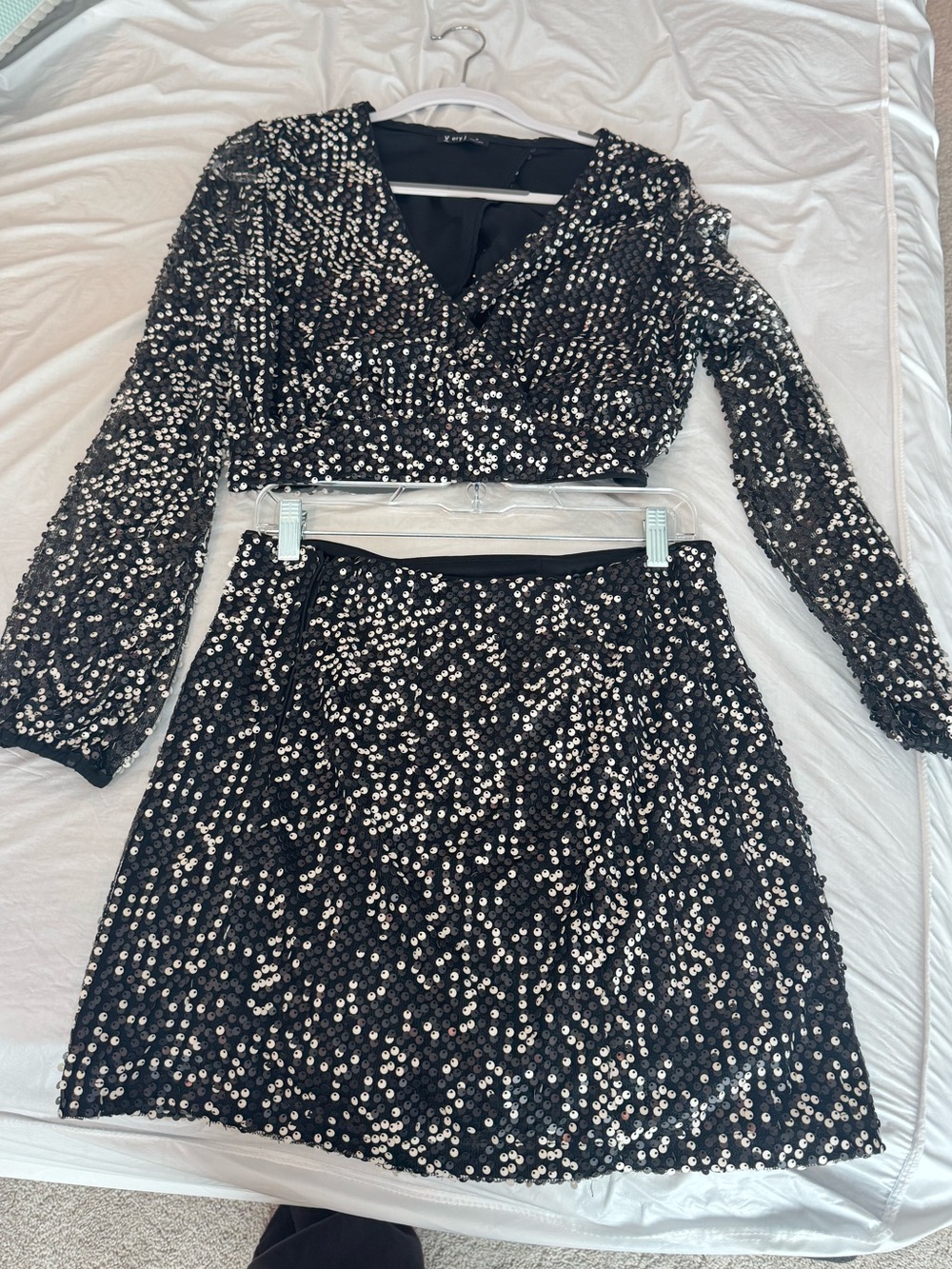 Very J Black Sequin Long Sleeve Crop Top & Skirt Set